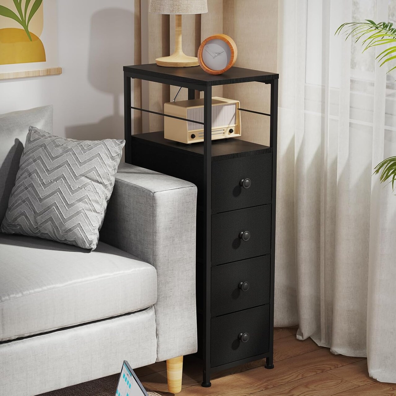 Narrow Dresser for Small Spaces | Black Slim Chest with 4 Fabric Drawers & Shelves | Anti-Tip Bedside Organizer (34.25"H x 10.04"W)